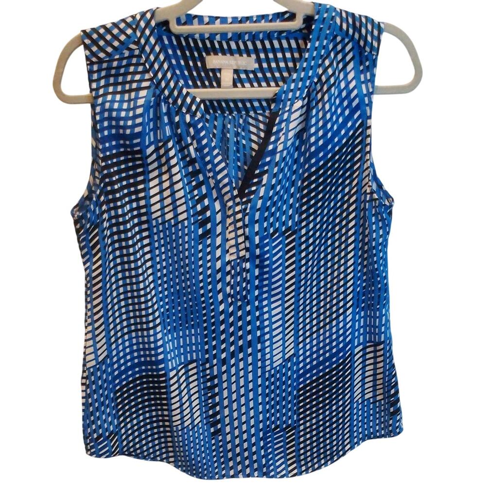 Banana Republic Factory Petite M Blue Geometric Sleeveless Blouse Career Top